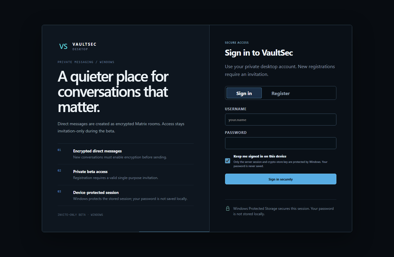 VaultSec Desktop V2: sign-in screen with protected local session settings
